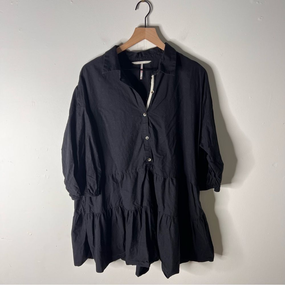 Free People Black Misha Mini Dress Tiered Long Sleeve Button Front Pockets Med - Picture 3 of 8
